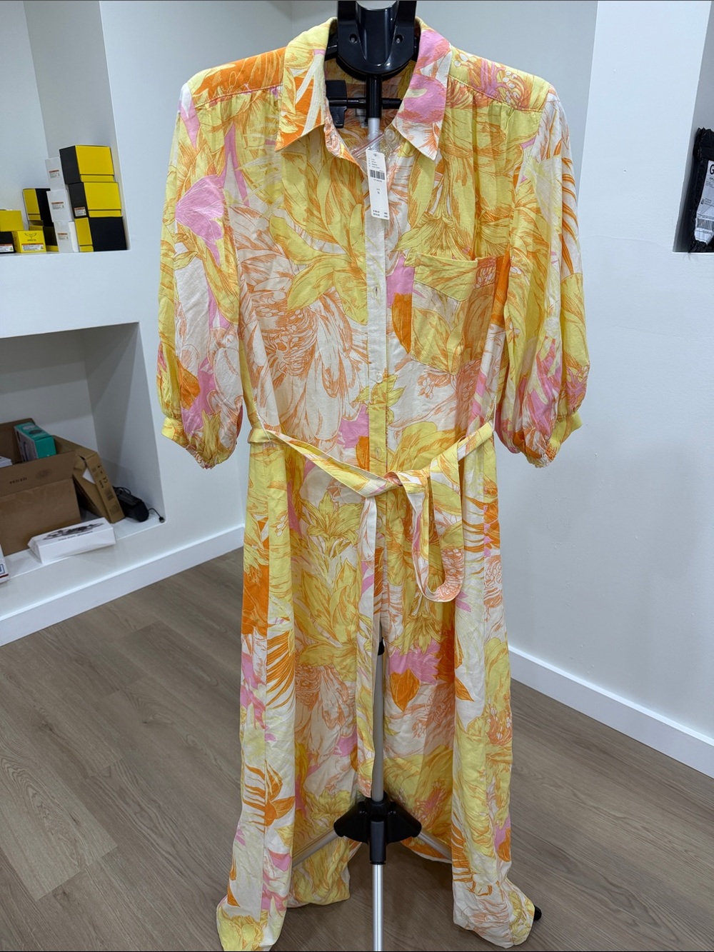 Anthropologie Women’s Yellow Floral Button-Front Shirtdress with Belt